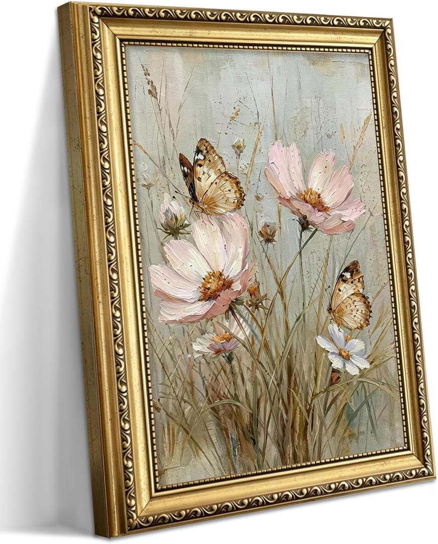 Gold Framed Vintage Cottagecore Floral and Butterfly Wall Art 16x24 Inch