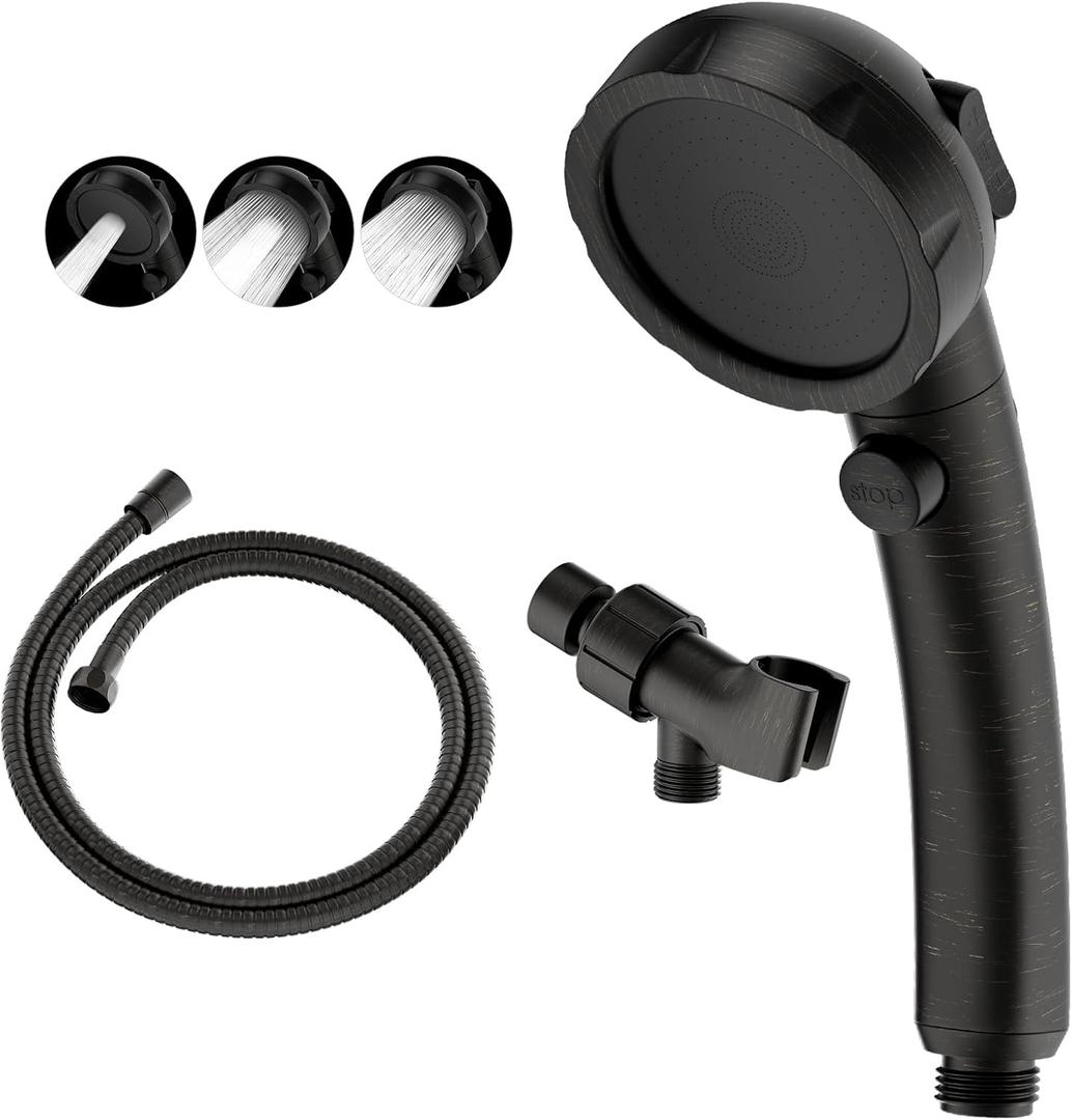 High Pressure Oil-Rubbed Bronze Handheld Shower Head with ON/OFF Switch, 3 Spray Modes, Adjustable Angle Bracket, and Hose