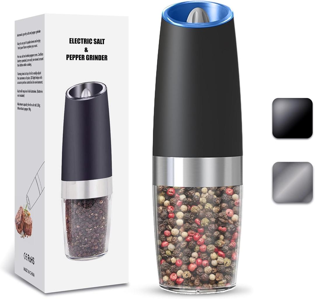 UNNEES Gravity Electric Salt and Pepper Grinder, Automatic Salt And Pepper Grinder, Adjustable Roughness, Battery Powered, LED Light, 1 Pack, (Black)