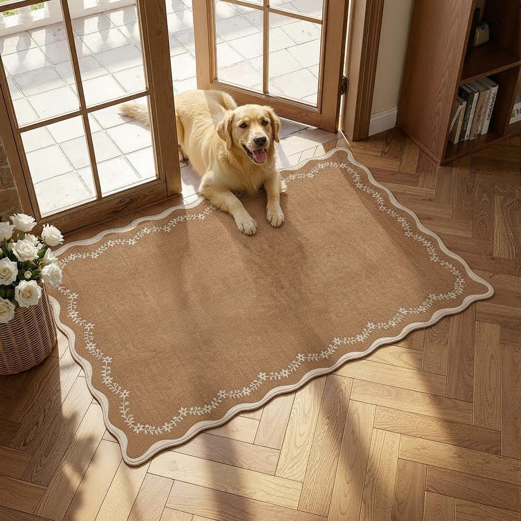 GarveeHome Scalloped Entryway Rug, 2x3 Solid Brown Washable Front Door Rug Indoor Entrance Floral Carpet Non-Slip Low Pile Throw Rugs for Kitchen Floor, Powder Room, Entry, Bathroom, Kids Room