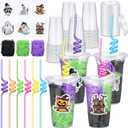 24 Set Creative Halloween Classroom Favor Trick or Treat Plastic Cup with Lid Colorful Straw Sticker and Raffia Treat Loot Bag Set for Kid Student Halloween Party Favor School Class Gift Idea