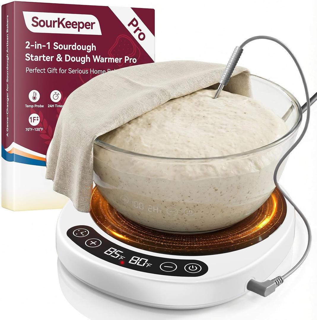 SourKeeper, Larger 2-in-1 Sourdough Starter Warmer Pro - 2026 Upgrade Larger Heating Plate, Dough Temp Probe, 1F Control (70110F), 24H Timer, Real-Time Monitoring, for Beginner Bakers Pro-WHT (White)