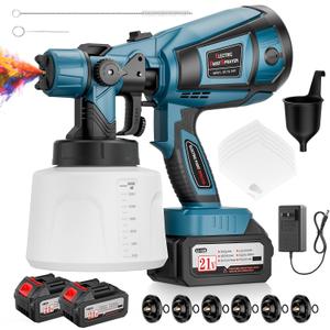 Paint Sprayer, 650W Spray Paint Gun with Battery 2 4.0mAh & 1400ML Container, Easy to Clean & Setup, Electric Paint Sprayer for House Painting Graffiti Wall Fence Furniture DIY Projects (Blue)