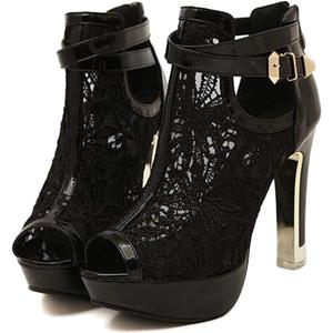 getmorebeauty Women's Pretty Lace Flowers Open Toes High Heels Ankle Boots (9, Black)