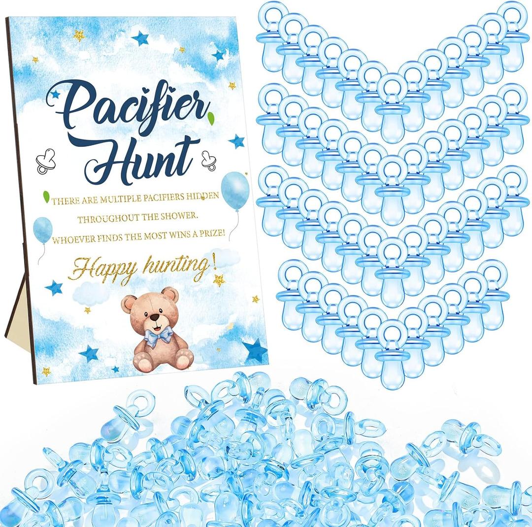 Thyle 51 Pcs Blue Bear Pacifier Hunt Baby Shower Games Include Neutral Bear Themed Hunt Sign and 50 Acrylic Pacifiers for Blue and Brown Baby Shower Game Decoration Gift Sets Gender Reveal Party Decor