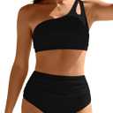 Buauty One Shoulder Swimsuits for Women High Waisted Bikini Set Ruched Two Piece Bathing Suit Beach Vacation Swimwear (Medium, A01-black)