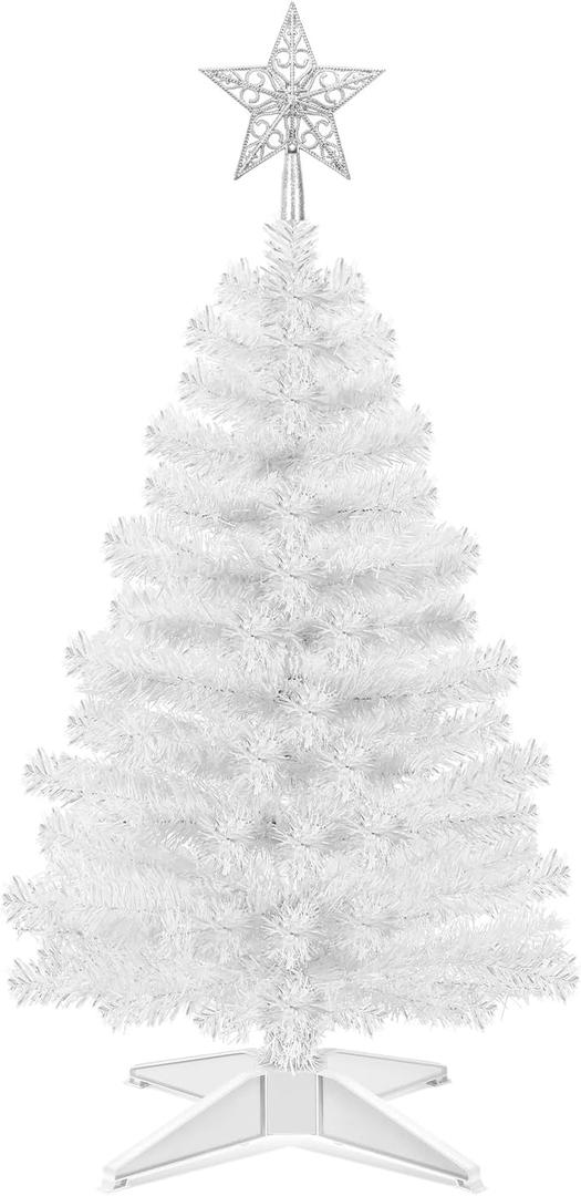 3 Ft White Artificial Christmas Tree for Tabletop, Foldable Xmas Tree with 4-Leg Stable Base & Silver Star Topper for Indoor Outdoor Home Office Party Christmas Decorations