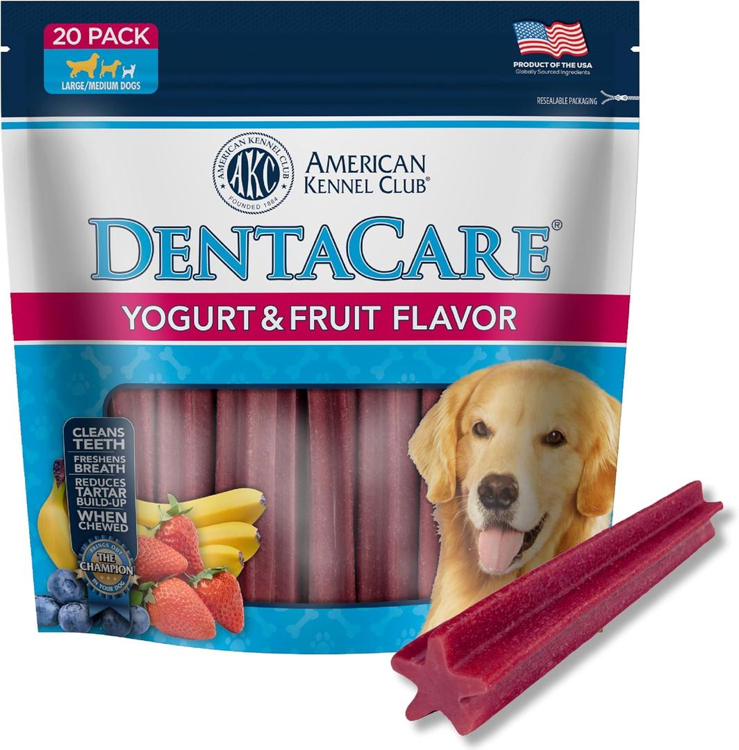American Kennel Club Dentacare Yogurt & Fruit Flavored, 20 Count | Dental Dog Treats For Large Breeds, Unique 5 Star Shape, Good For Dog Dental Health, Naturally Flavored, Helps Remove Tartar (EXP 06/18/28)