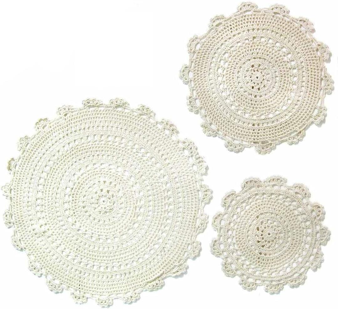 Handmade Crochet Round Cotton Lace Table Placemats Doilies Value Pack [Set of 3], Medallion, 9.5 x 9.5 inch, Beige