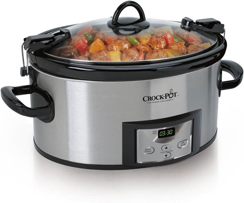 Crock-Pot 6 Quart Cook & Carry Programmable Slow Cooker with Digital Timer, Stainless Steel (CPSCVC60LL-S), Ideal for Portable Cooking