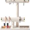 ByKen Multi-Functional 2 Tier Jewelry Holder,Necklace Bracelet Holder with Earrings Rings Tray,Jewelry Organizer Stand for Scrunchie Watches (Beige&Gold)