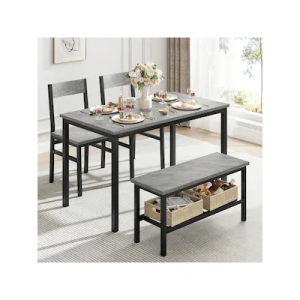 GarveeHome Dining Table Black Set for 4, Modern Kitchen Table with Chairs and Bench for Small Space, 4-Person Dining Room Table Set with Metal Frame and Storage Rack, Dinette Set for Apartment