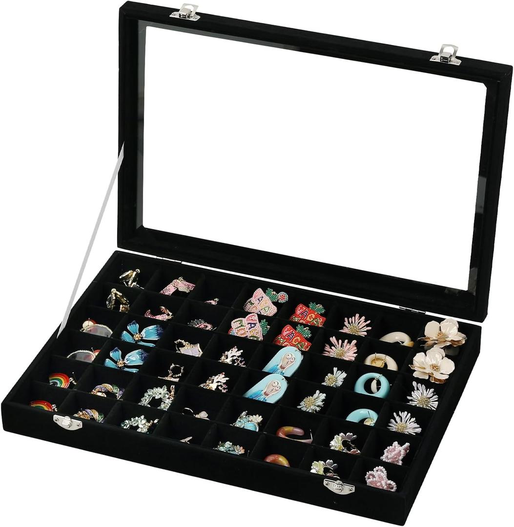 Frebeauty 48 Grid Jewelry Tray,Adjustable Earring Holder Organizer with Glass Lid,Velvet Drawer Jewelry Organizer for Rings,Studs,13.8 x 9.5 x 2 Inches Jewelry Display Box,Gift for Women(Black)