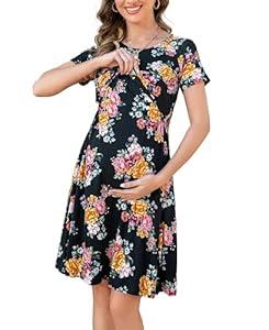 Womens Nursing Dresses Breastfeeding Short Sleeve Drawstring Maternity Nursing Dress with Pockets, L