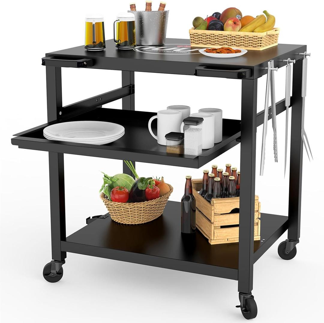 NUUK Outdoor Grill Prep Table 24"x30" Metal Grill Cart Outside 3-Layer Pizza Oven Table Movable with Universal Wheels for BBQ Backyard Patio (Black)