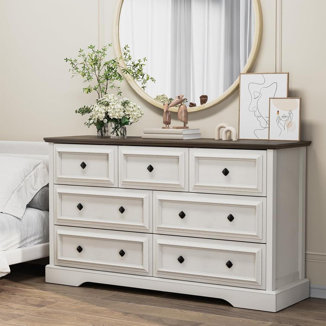 VVFLU Farmhouse 7 Drawer Dresser for Bedroom, 54" Wide Wooden Dresser with Natural Texture & Vintage Metal Knobs, Large Chest of Drawers for Bedroom, Living Room, Hallway, Antique White