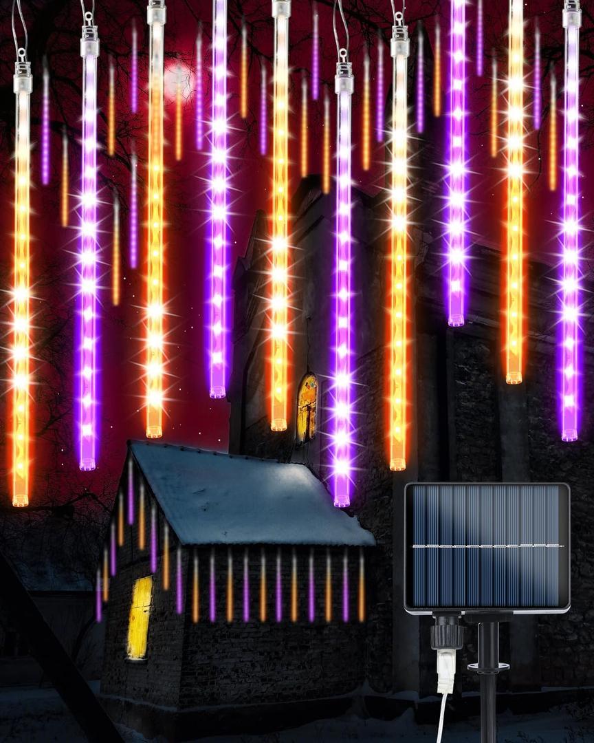 Solar Halloween Lights 20 Tubes 480 LED Meteor Shower Icicle Raindrop Lights with Timer Function Falling Rain Light for Holiday Party Halloween Decorations (Orange and Purple)