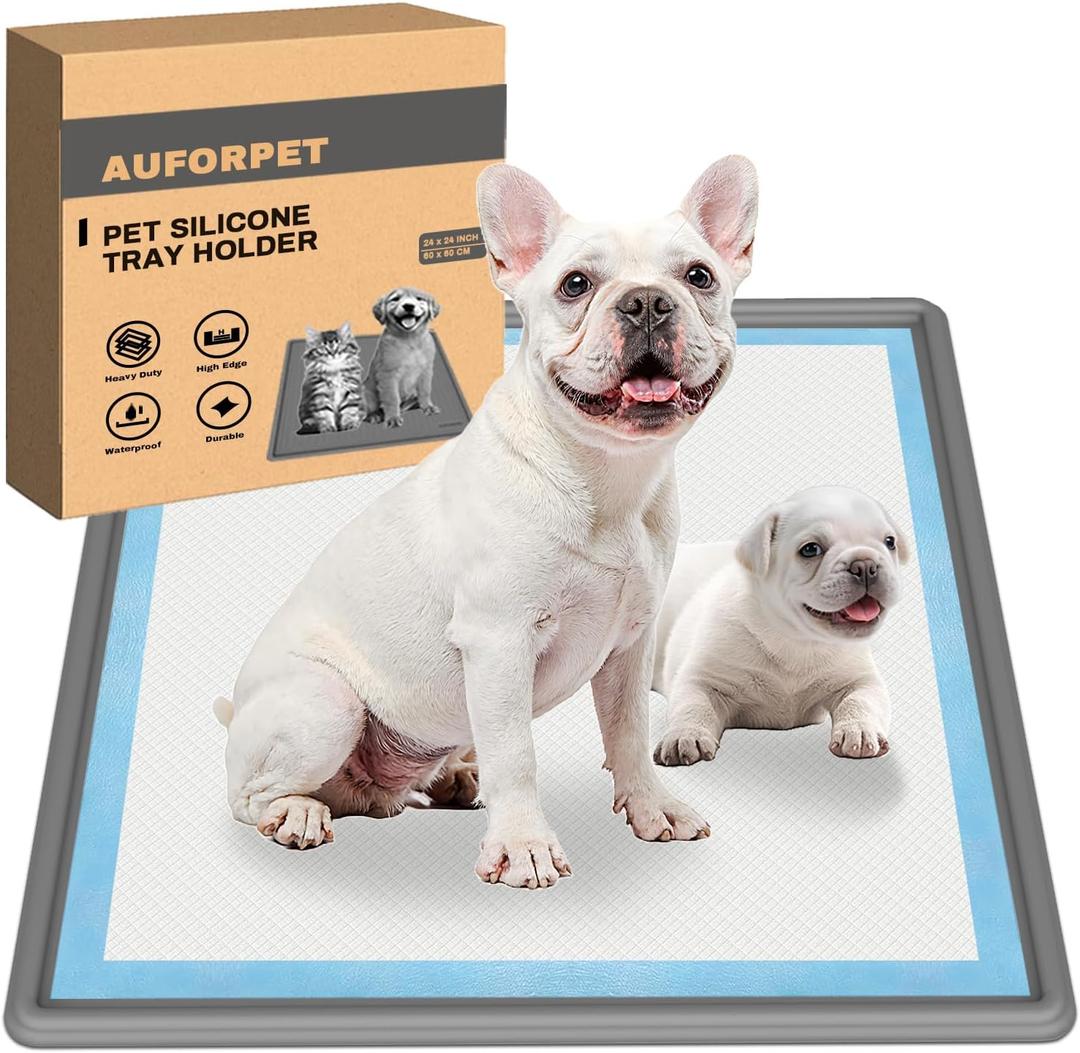 Silicone Pee Pad Holder, Extra Thick Tray for 24" x 24" Disposable Pads, Raised High Edge Leak-Proof Mat for Puppy, Dog, Cat Training Floor Protection (Gray)