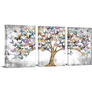 RyounoArt 3 Piece Tree of Life Canvas Wall Art Tree with Colorful Butterfly Paintings Abstract Landscape Pictures Prints for Home Office Farmhouse Giclee Artwork Stretched and Framed Ready to Hang