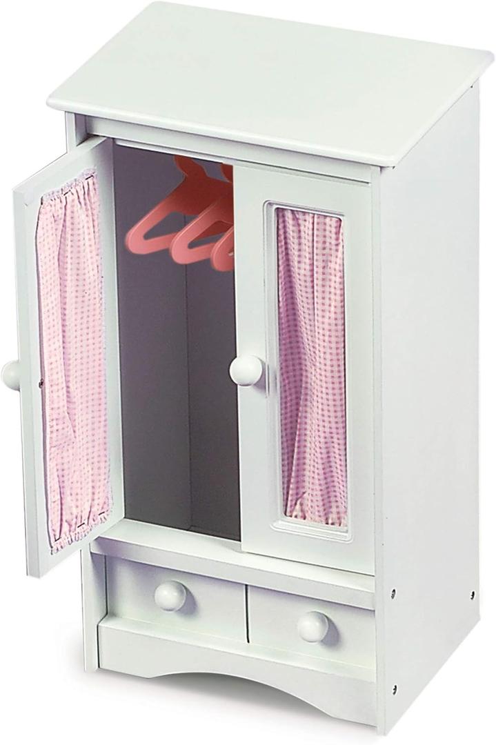 Badger Basket Doll Armoire with Three Hangers for 18 to 22-Inch Dolls - White and Pink Wardrobe Closet for Doll Clothes, Durable Wood Construction, Stylish and Functional Storage