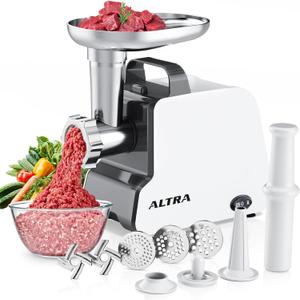 Electric Meat Grinder, 2300W Max, Heavy Duty Sausage Stuffer with 2 Blades, 3 Grinding Plates, Sausage Tube & Kubbe Kit, Home Kitchen Meat Mincer with Handle (Black) (White)