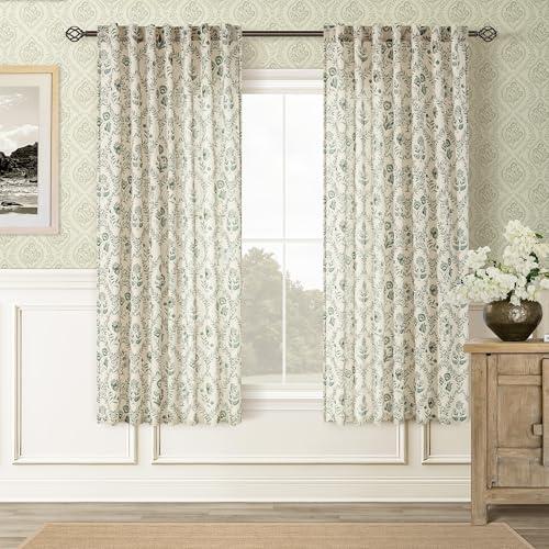 Printed Linen Curtains 63 Inch Length 2 Panels Set Patterned Sage Green Floral Semi Sheer Living Room Bedroom Back Tab Farmhouse Boho French Country Flower Plant Kitchen Window Curtain Drapes 52x63