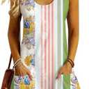 ETCYY NEW Womens Sleeveless Summer Dresses 2026 Cusual U Neck Sundresses Striped Printed Short Dress with Pocket (Flowerpink), Size Medium
