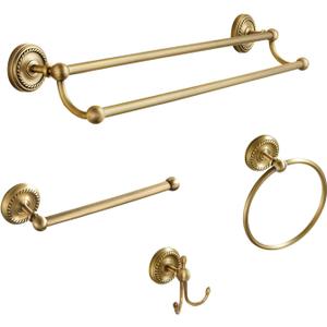 4 Piece Antique Brass Gold Bathroom Accessories Set - 24 Towel Holder, Antique Bar Brass Bath Accessories - Wall Mounted Bathroom Hardware Accessory Set