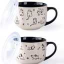 AmorArc 24 Ounces Ceramic Soup Mugs with Lids and Handle, Stoneware Bowls Cup Set of 2 for Soup, Stew, Noodle, Beautiful Mug Bowls With Lovely Dog,Cat Patterns, Microwave & Dishwasher Safe, Black