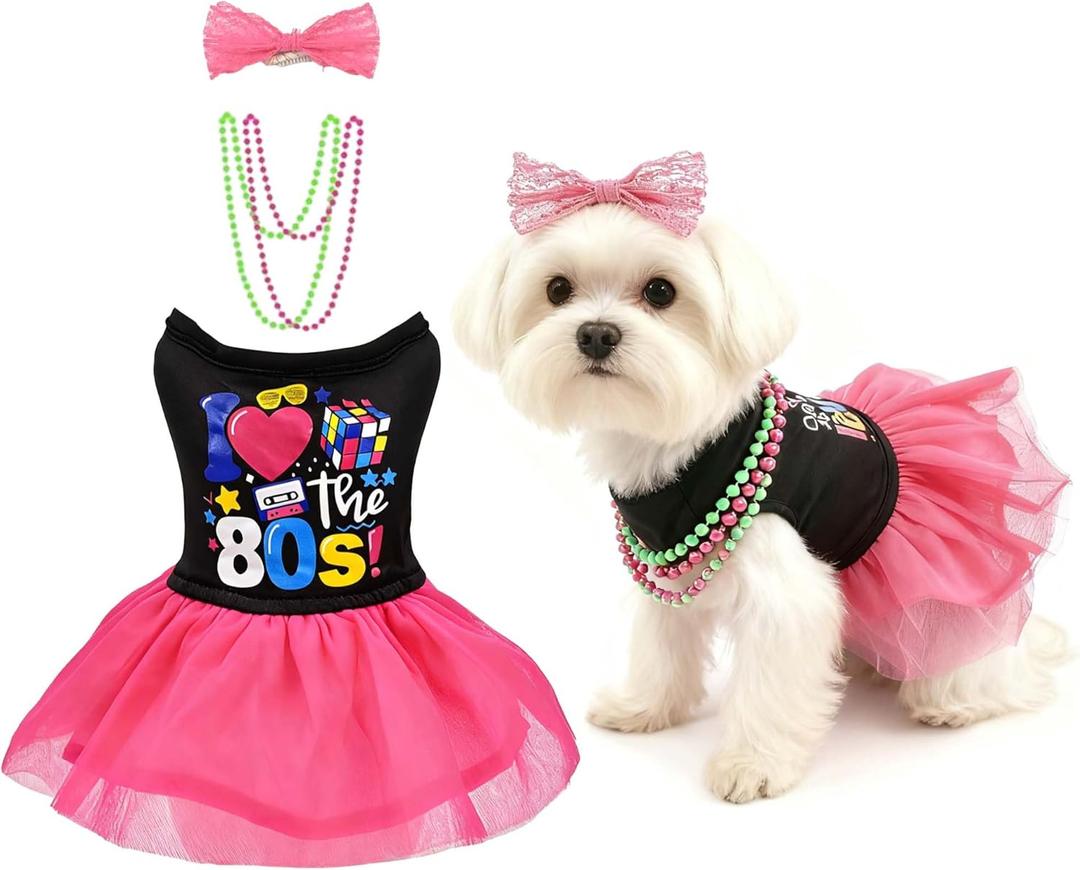 MuYaoPet Dog 80s Outfits Dress with Hair Bow and Necklace, I Love 80S Halloween Pet Disco Costume for Small Medium Dogs Girl, Summer Cat Puppy Dress Tutu Skirt, Size: L(Bust 18.1inch|7-12Lbs)