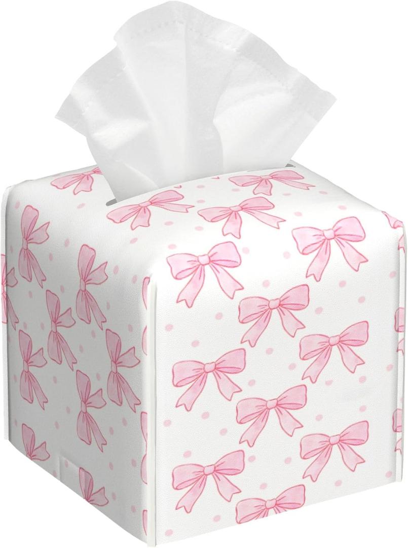 Pink Bow Tissue Box Holder Paper Organizer, PU Leather Tissue Case Cover, Bow Decor for Bathroom, Kitchen, Car