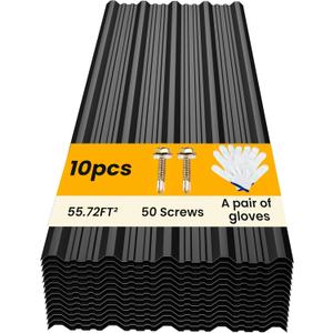 10 pcs Metal Roofing Panels - Corrugated Galvanized Roof Panels L45.28x W17.72 Inch, Waterproof Tin Roof Sheets for Garages,Sheds, Stables and Mobile Homes, Includes Screws(Black,L45.28''-10)