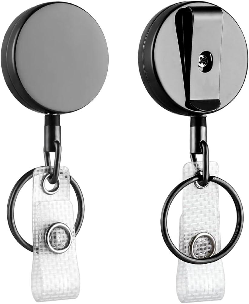 Will Well ID Badge Holder Reel with Clip and Keyring - Heavy-Duty All-Metal Casing with 27.5" UHMWPE Fiber Pull Cord for Durability and Easy Access, Holds up to 8 Keys - 2-Pack, Round, Glossy Black Will Well ID Badge Holder Reel with Clip and Keyring - Heavy-Duty All-Metal Casing with 27.5" UHMWPE Fiber Pull Cord for Durability and Easy Access, Holds up to 8 Keys - 2-Pack, Round, Glossy Black