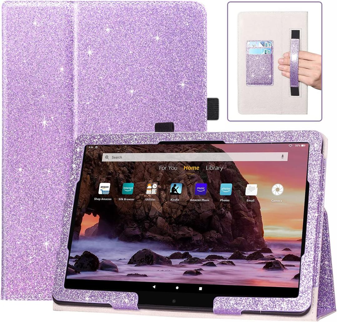 DMLuna Case for All-New Amazon Fire HD 10 & 10 Plus Tablet (13th / 11th Generation, 2023/2021 Release) 10.1", Slim Cover with Folding Stand, Auto Wake/Sleep, Hand Strap, Card Slot - Glitter Purple
