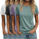 Ficerd 4 Pack Women's Cotton T Shirts Casual Short Sleeve Tunic Tops Crewneck Plain Summer Loose Fit Rolled Sleeve Basic Tee (M)