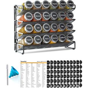 SpaceAid Spice Rack Organizer with 24 Spice Jars, 386 Spice Labels, Chalk Marker and Funnel Set for Cabinet, Countertop, Pantry, Cupboard or Door & Wall Mount -24 Jars, 11.8" W 10.8" H, Black