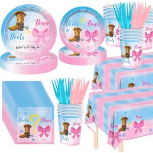 146Pcs Boots and Bows Gender Reveal Decorations Include Tableware-Plates-Napkins-Cups-Forks-Knives-Gender Reveal Tablecloth for Gender Reveal Decorations Serves 24