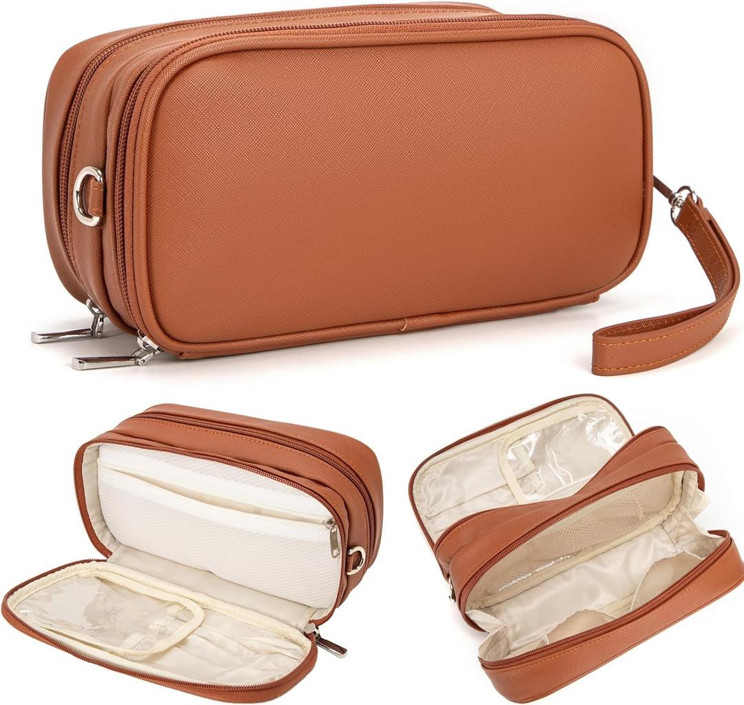 Makeup Bag for Women, Wide-open Makeup Organizer with Makeup Brush Holder, Waterproof Cosmetic Bag with Compartment, Portable Travel-Size Toiletry Bag for Traveling, Large Make Up Bag (Brown)