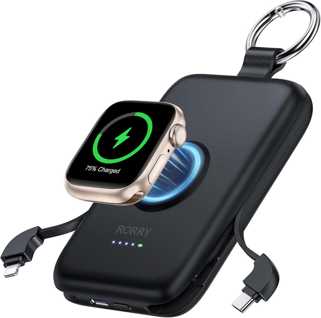 RORRY Portable Charger, 10000mAh PD 20W Fast Charging Portable Charger Power Bank with Built in Cables, Travel Battery Pack for iPhone 17/16/15/14/13/12 and Apple Watch Ultra/11/10/9/8/7/6/5, Black