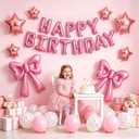 2 x Bow Birthday Decorations 2Pcs 26 Inch Giant Pink Bow Balloons with16 Inch Happy Birthday Foil Balloon Banner and 18Pcs Bow Pattern Balloons for Girl Women Coquette Party Decor Baby Shower