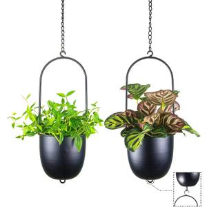 Stackable Metal Hanging Planters, Set of 2 Black Oval Plant Hangers with 6 inch Flower Pots, Modern Wall and Ceiling Plant Holders for Indoor Outdoor Plants Home Dcor (Double-Tier)