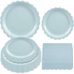 150PCS Blue Paper Plates and Napkins, 50 Guest Light Blue Disposable Tableware Set Include 7&9Inch Scalloped Paper Plates and Napkins, Decoration Supplies for Birthday Wedding Baby Shower