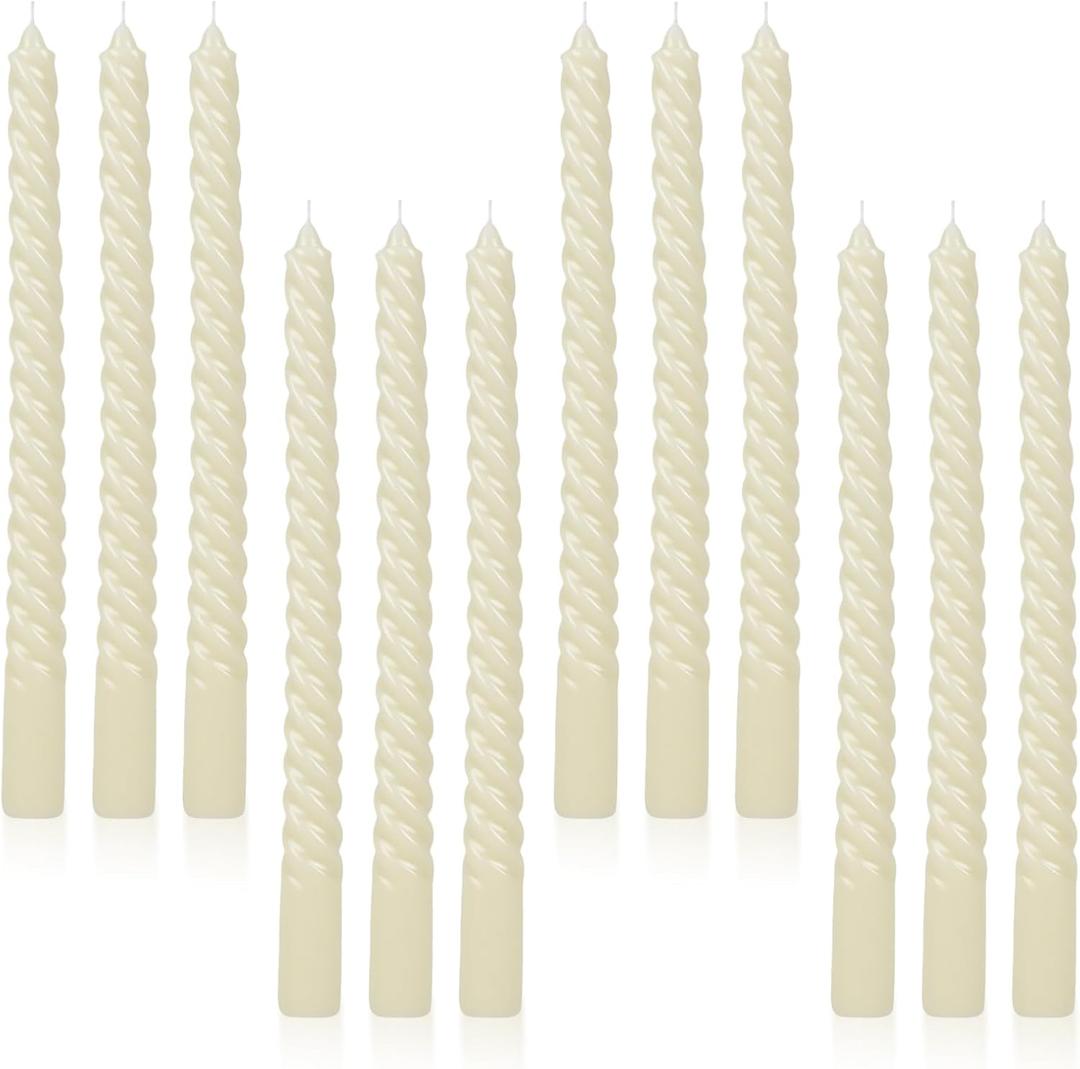 Tobeape Ivory Twisted Taper Candles Set of 12, 10 Inch Tall Unscented Dripless, Smokeless Spiral Tapered Candlestick Wax Candles for Wedding Dinner Home Dcor Birthday Party - 8 Hour Long Burning