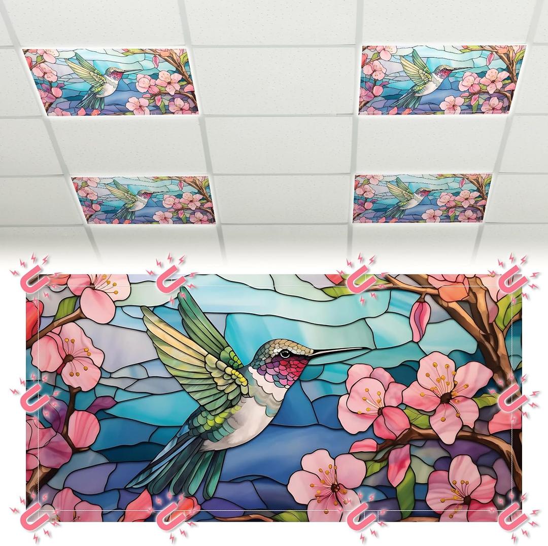 Glooglitter 4 Pcs Hummingbird Fluorescent Light Covers 4 x 2 ft Stained Glass Magnetic Office Light Cover for Ceiling with 10 Magnets Filter Reduce Glare for Classroom School Home