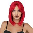 PARK YUN Red Bob Short Straight Wig with Curtain Bang 14 Inch Synthetic Heat Resistant Wig for Women Halloween Cosplay Party Wig for Daily used.