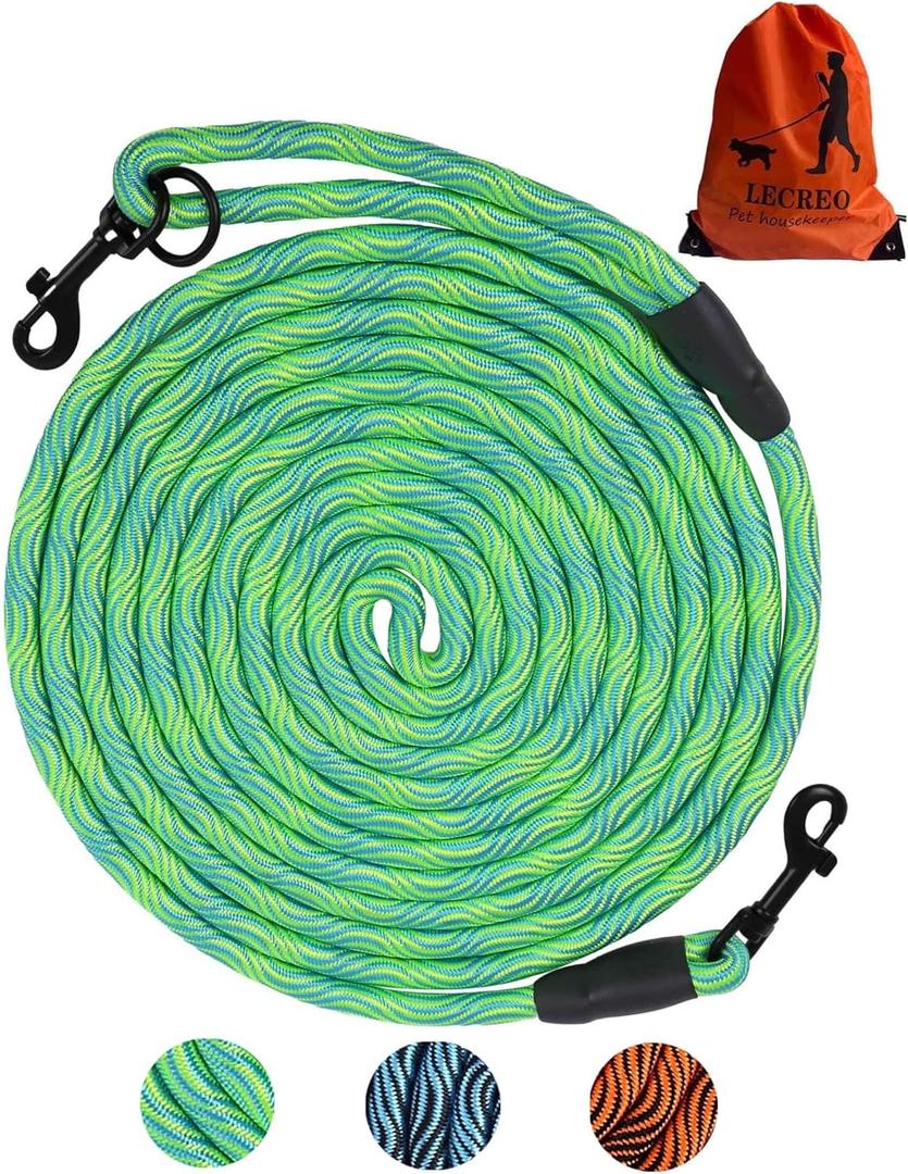 Long Dog Leash Tie-Out Check Cord, 16FT/30FT/50FT/100FT Recall Dog Training Rope Leash, Heavy Duty Dog Lead for Large Medium Small Dogs Playing, Camping, or Backyard (Green)