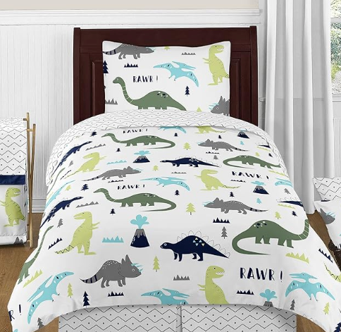 Nesker Comforter Set Toddler Size, Blue Dino 4 Pcs Bedding for Kids Teens, Dinosaur Bed Sheet with Pillowcase & Sham