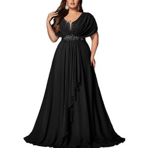 Women's Plus Size Wedding Guest Summer Maxi Elegant Sequin Bridesmaid Dresses A line Long Evening Party Cocktail Gown (Black, L)