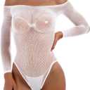 IBAKOM Women Sheer Mesh Bodysuit Sexy Sparkly Glitter Rhinestone Fishnet Teddy Lingerie Jumpsuit Leotard Top (White, One Size)