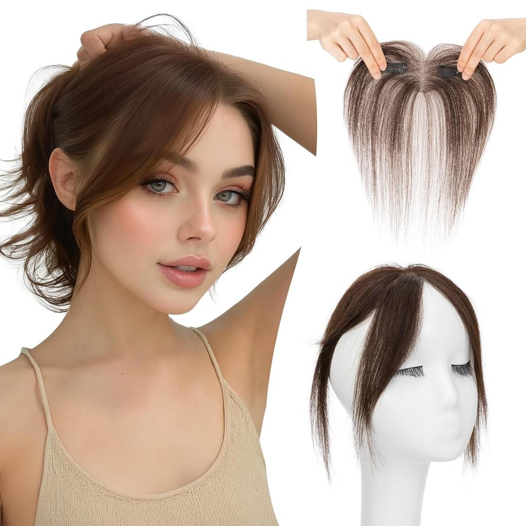 Clip in Bangs Real Human Hair, Human Hair Clip in Bangs, Middle Part HairPieces, No Tangle & Smooth, 11g #02 Dark Brown